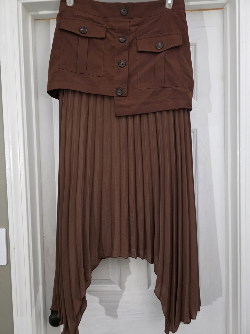 Commense Brown Asymmetrical Pleated Midi Skirt - Picture 6 of 8